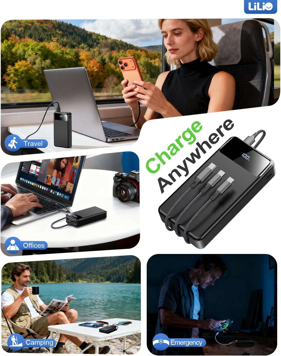 Portable Charger Power Bank,60,000Mah Battery Pack, 22.5W Power Bank Fast Charging with USB Cable, Phone Charger for Iphone 17/16/15/14/13 All Series/Samsung/Android, Camping Essentials, Black