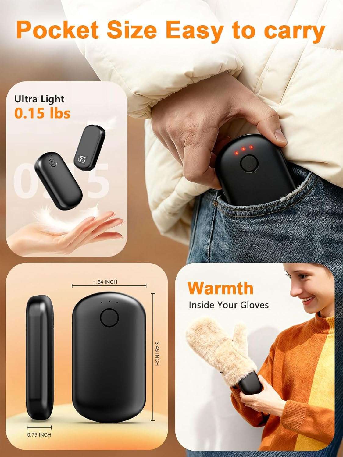 Pocket Size Hand Warmers Rechargeable 2 Pack, 6000Mah Electric Hand Warmers for 24H Safe Heat, 3 Settings Fast Heating Handwarmers up to 131℉ for Christmas, Outdoor, Golf, Hunting, Camping Accessories