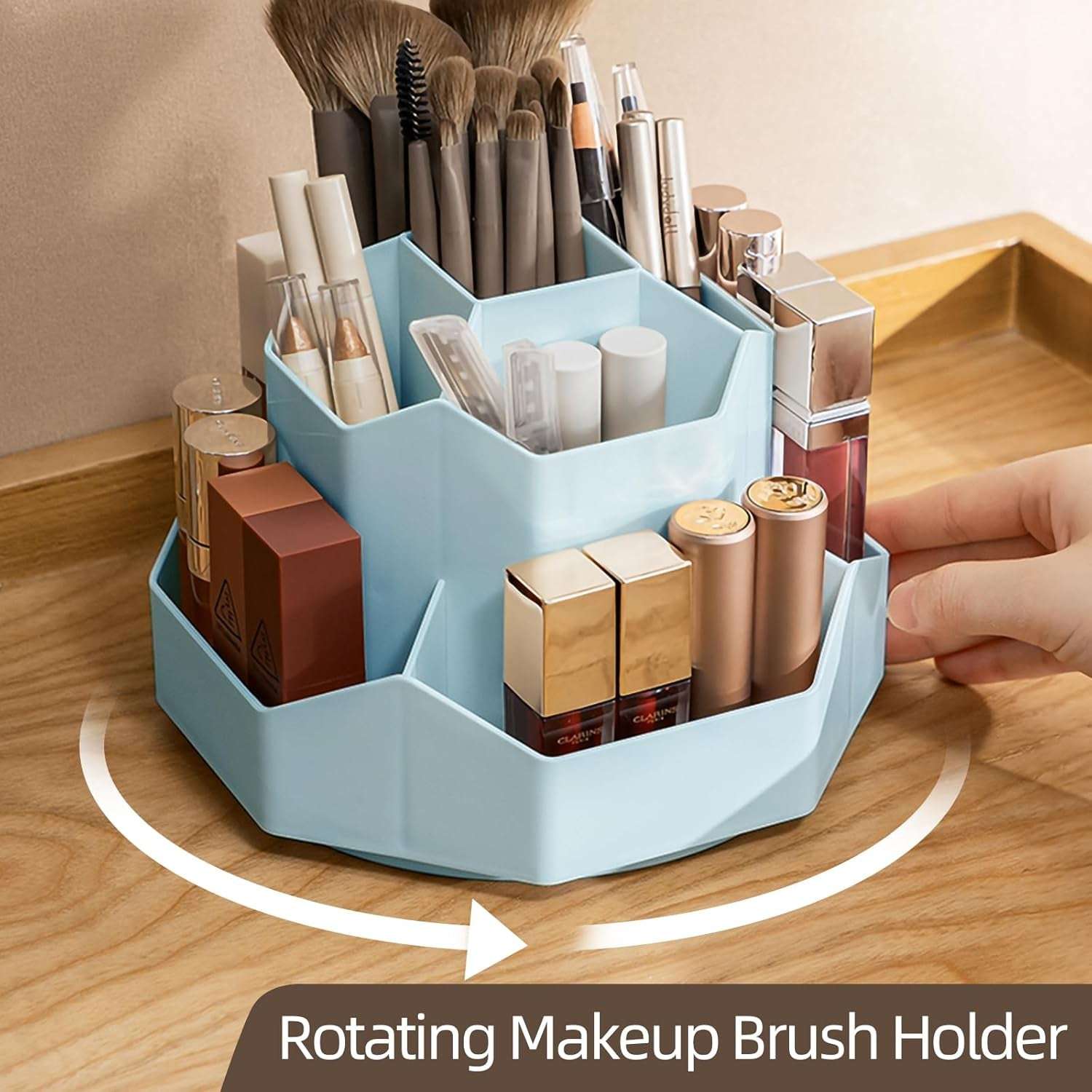360° Rotate Makeup Brush Holder Organizer with 9 Slots, Makeup Organizers Countertop, Makeup Organization and Skincare Storage for Vanity, Desktop, Bathroom (BLUE)
