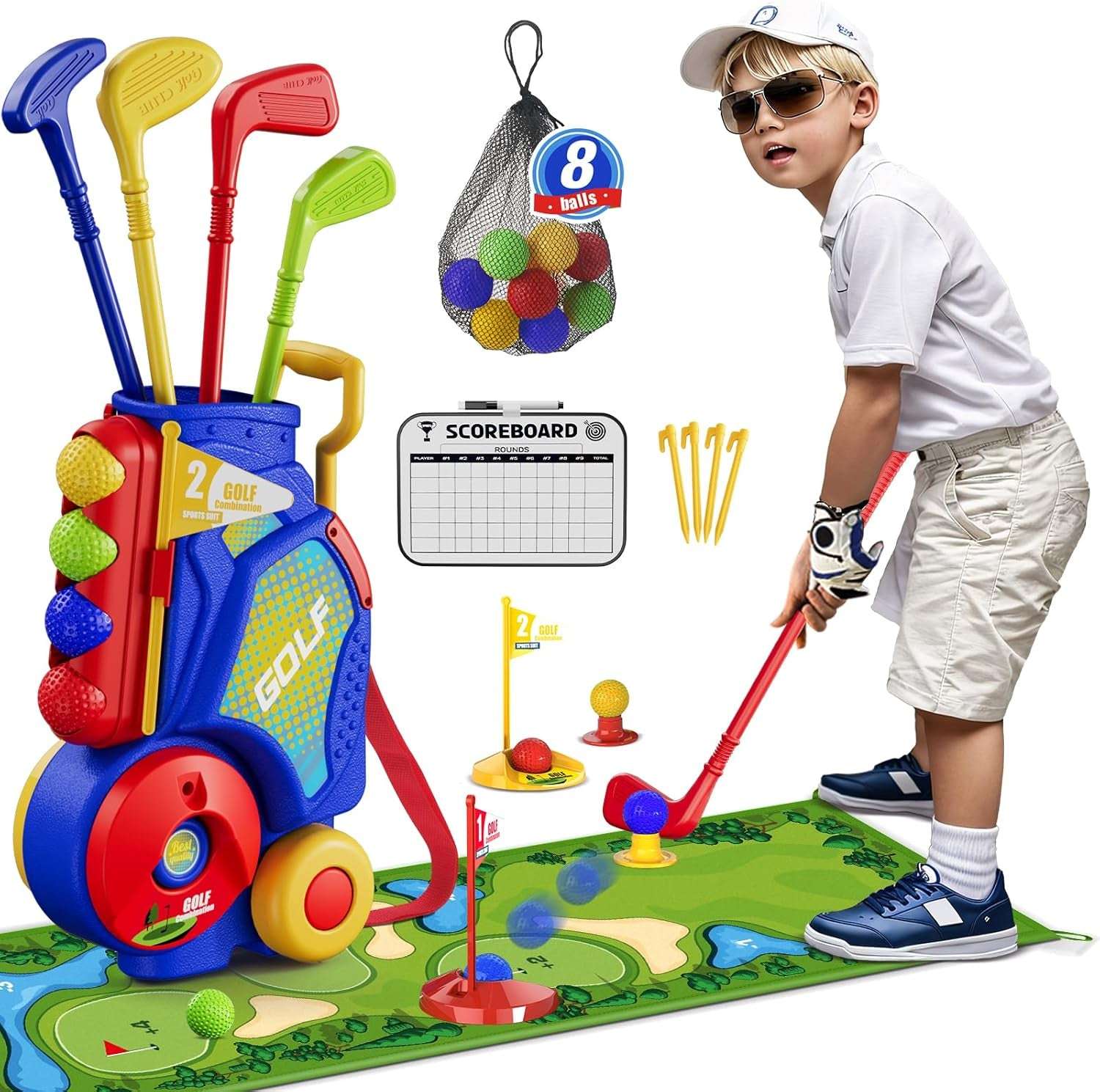 Toddler Golf Set 2-4 Years, Kids Golf Club with 8 Balls, 4 Plastic Clubs, Putting Mat, Scoreboard, Storage Bag, Indoor Outdoor Game with Golf Cart Sport Toy Gift for Baby Boys Girls Age 3-5, Blue