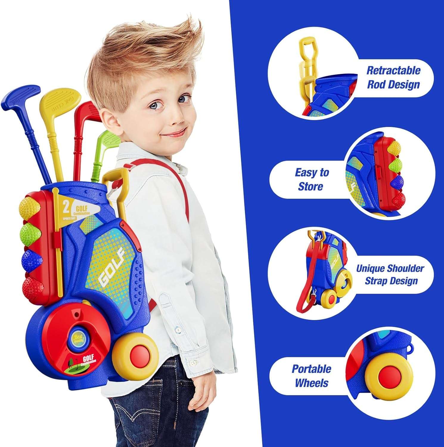 Toddler Golf Set 2-4 Years, Kids Golf Club with 8 Balls, 4 Plastic Clubs, Putting Mat, Scoreboard, Storage Bag, Indoor Outdoor Game with Golf Cart Sport Toy Gift for Baby Boys Girls Age 3-5, Blue