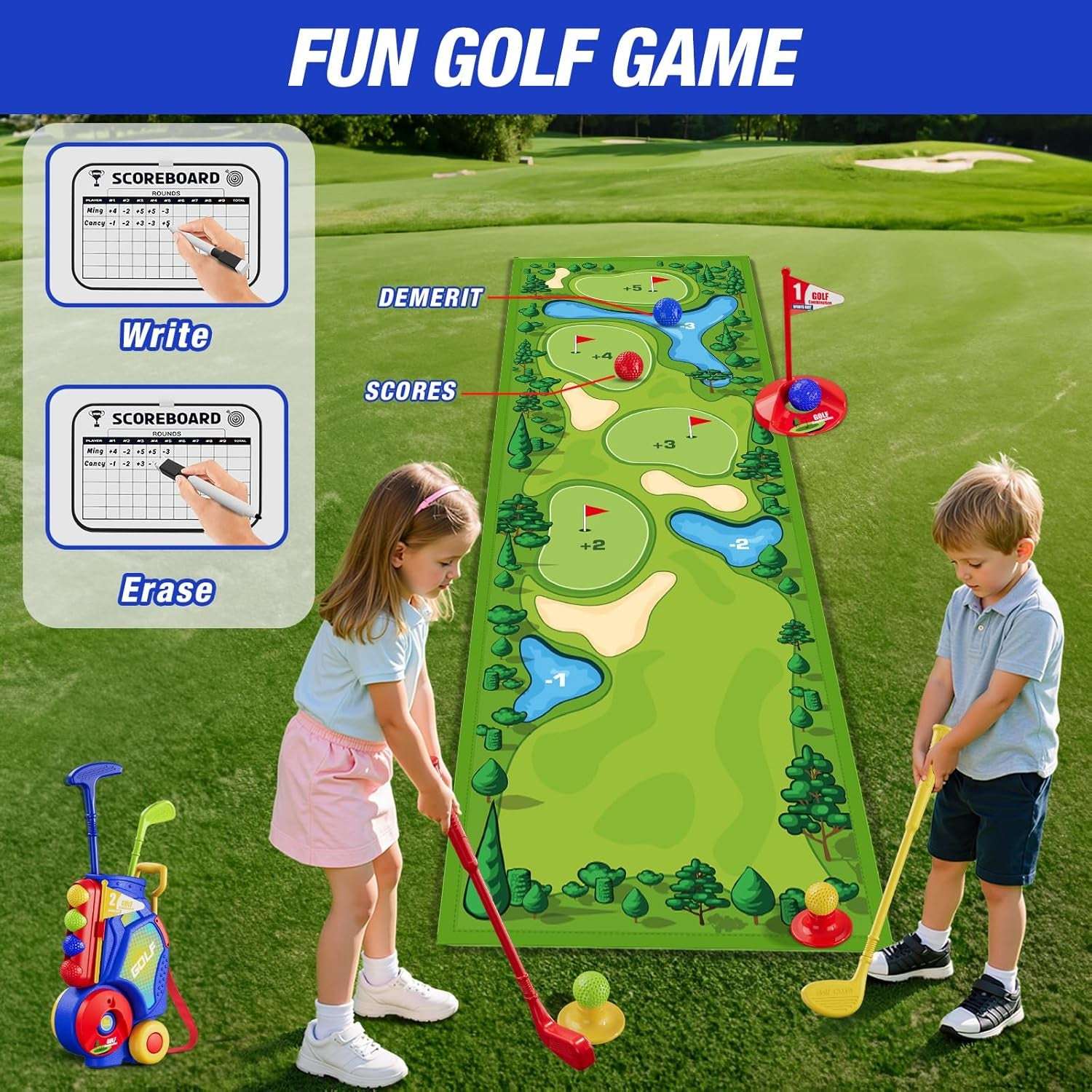 Toddler Golf Set 2-4 Years, Kids Golf Club with 8 Balls, 4 Plastic Clubs, Putting Mat, Scoreboard, Storage Bag, Indoor Outdoor Game with Golf Cart Sport Toy Gift for Baby Boys Girls Age 3-5, Blue