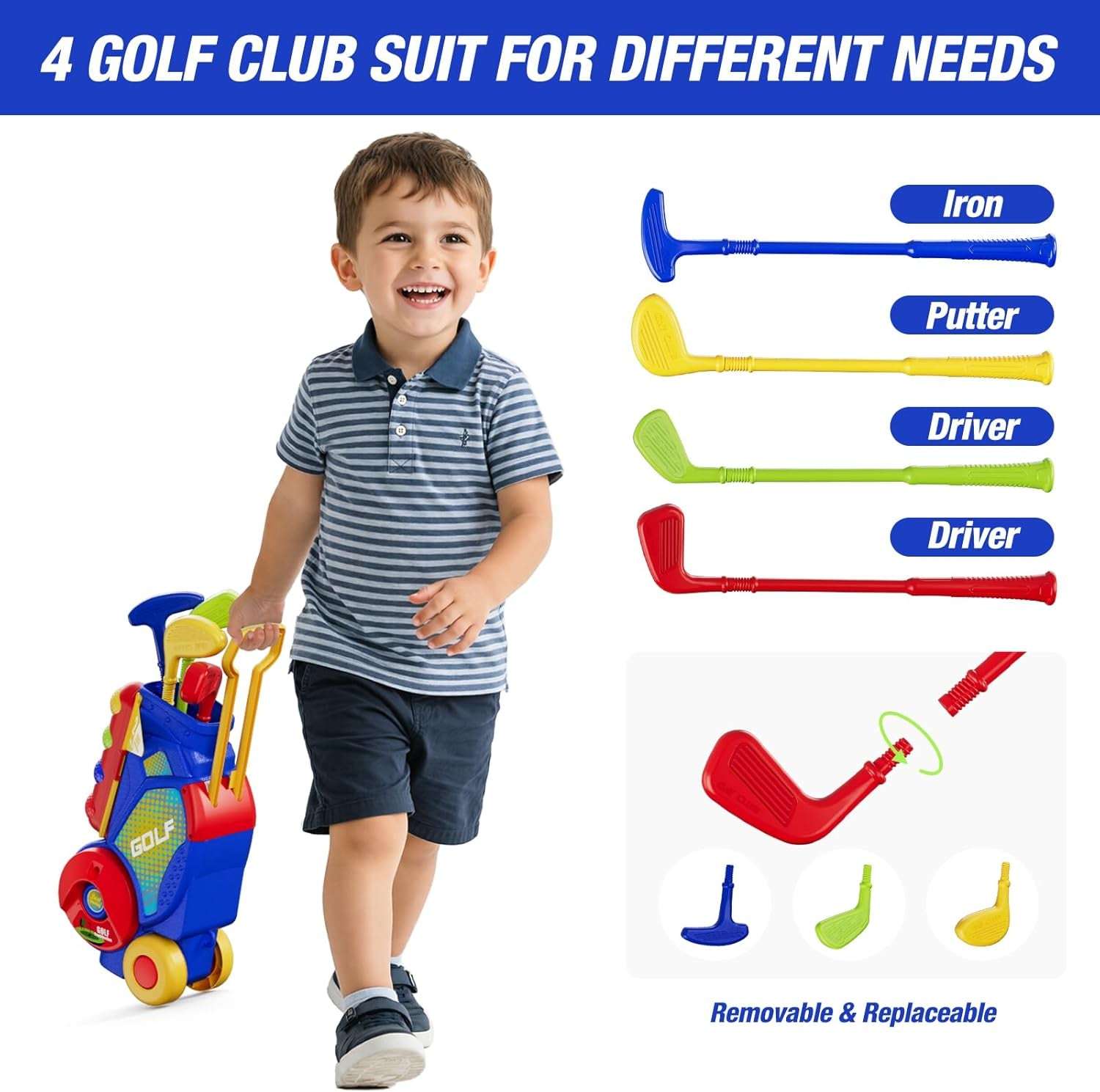 Toddler Golf Set 2-4 Years, Kids Golf Club with 8 Balls, 4 Plastic Clubs, Putting Mat, Scoreboard, Storage Bag, Indoor Outdoor Game with Golf Cart Sport Toy Gift for Baby Boys Girls Age 3-5, Blue