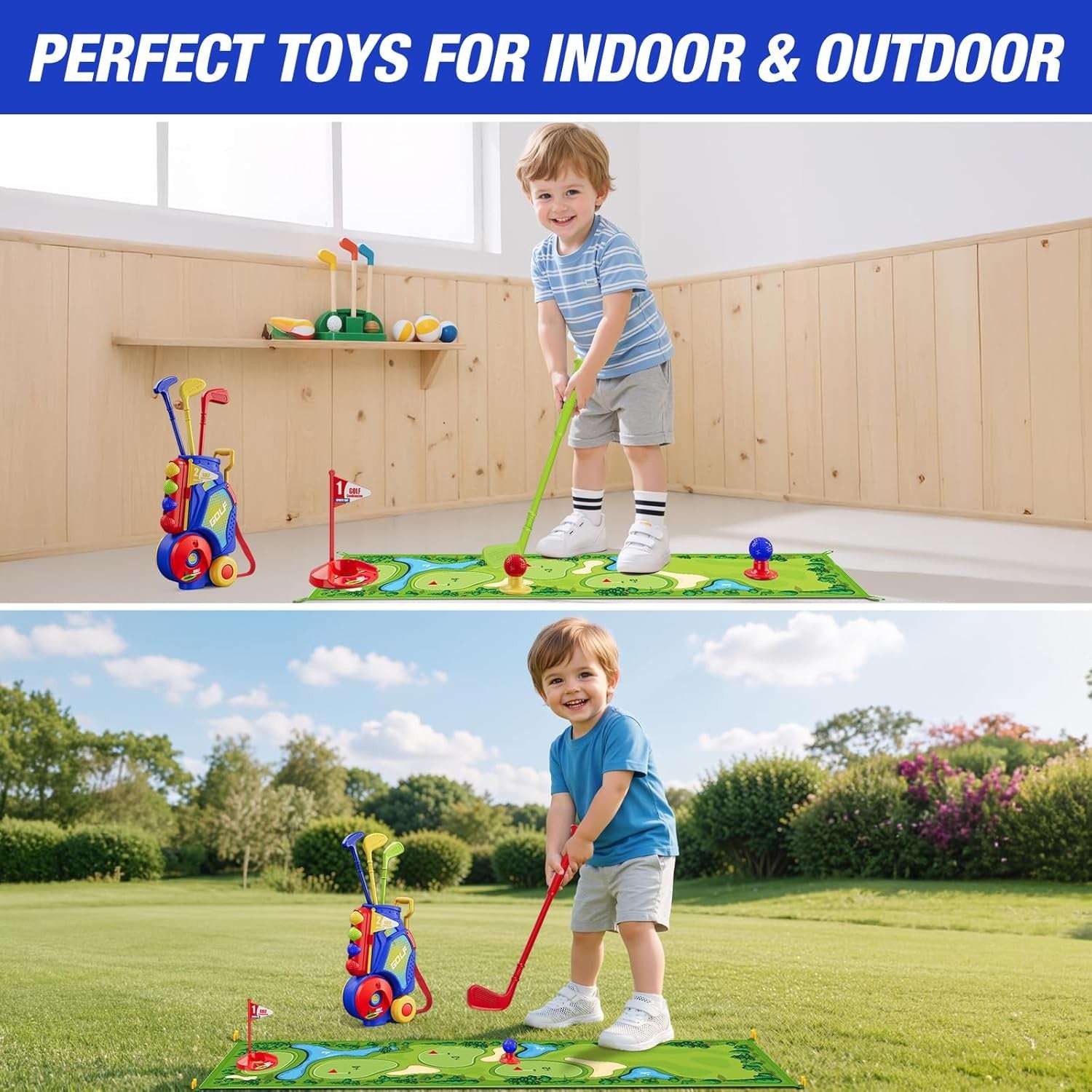 Toddler Golf Set 2-4 Years, Kids Golf Club with 8 Balls, 4 Plastic Clubs, Putting Mat, Scoreboard, Storage Bag, Indoor Outdoor Game with Golf Cart Sport Toy Gift for Baby Boys Girls Age 3-5, Blue