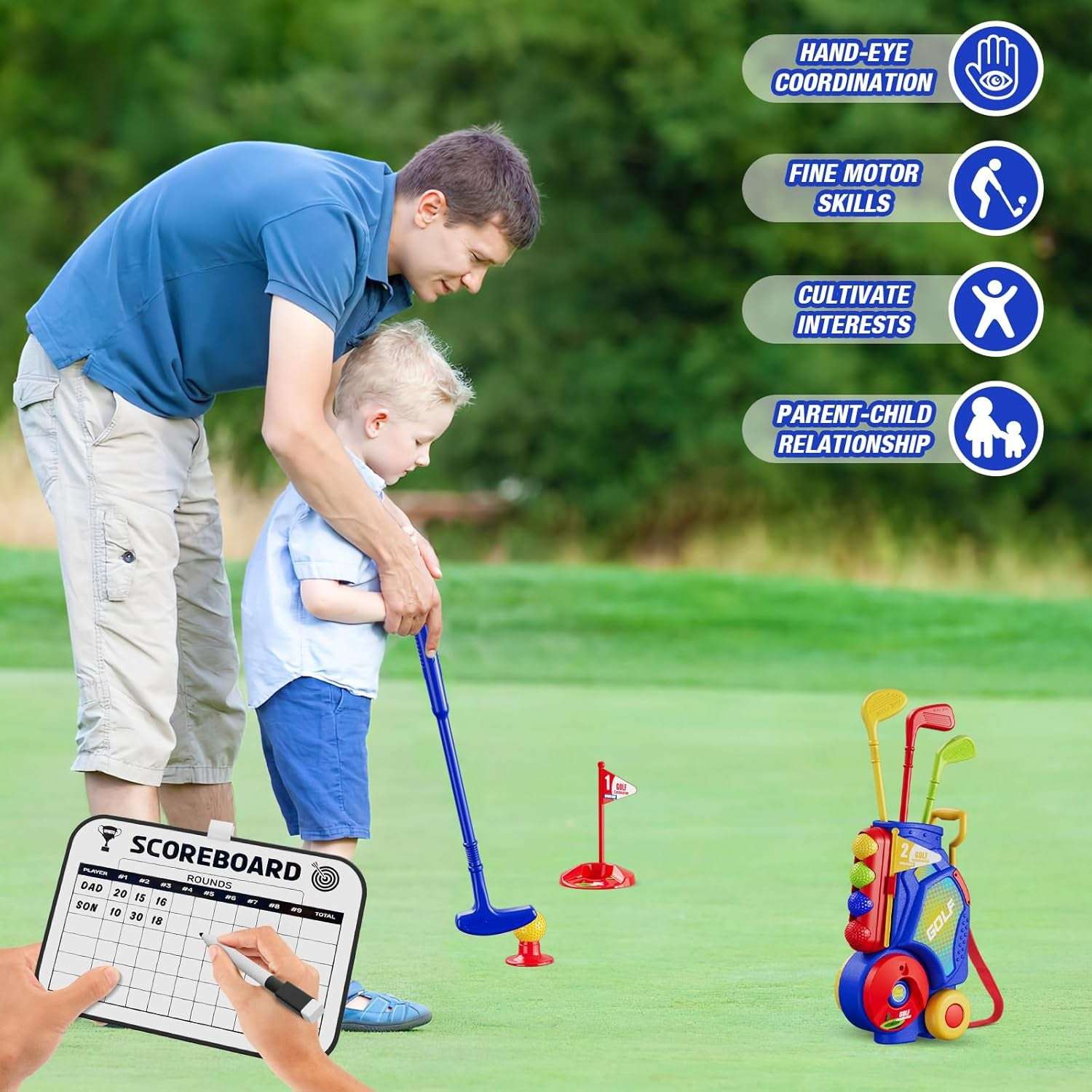 Toddler Golf Set 2-4 Years, Kids Golf Club with 8 Balls, 4 Plastic Clubs, Putting Mat, Scoreboard, Storage Bag, Indoor Outdoor Game with Golf Cart Sport Toy Gift for Baby Boys Girls Age 3-5, Blue