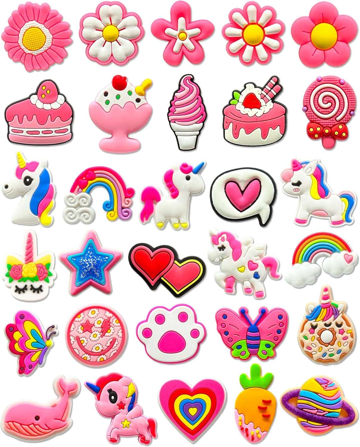 30 PCS Pink Cute Shoe Charms for Girls & Kids – Kawaii Decoration Accessories Pins with Flower, Unicorn, Rainbow, Butterfly, and Food Designs for Clogs – Perfect Party Favors & Holiday Gift Idea
