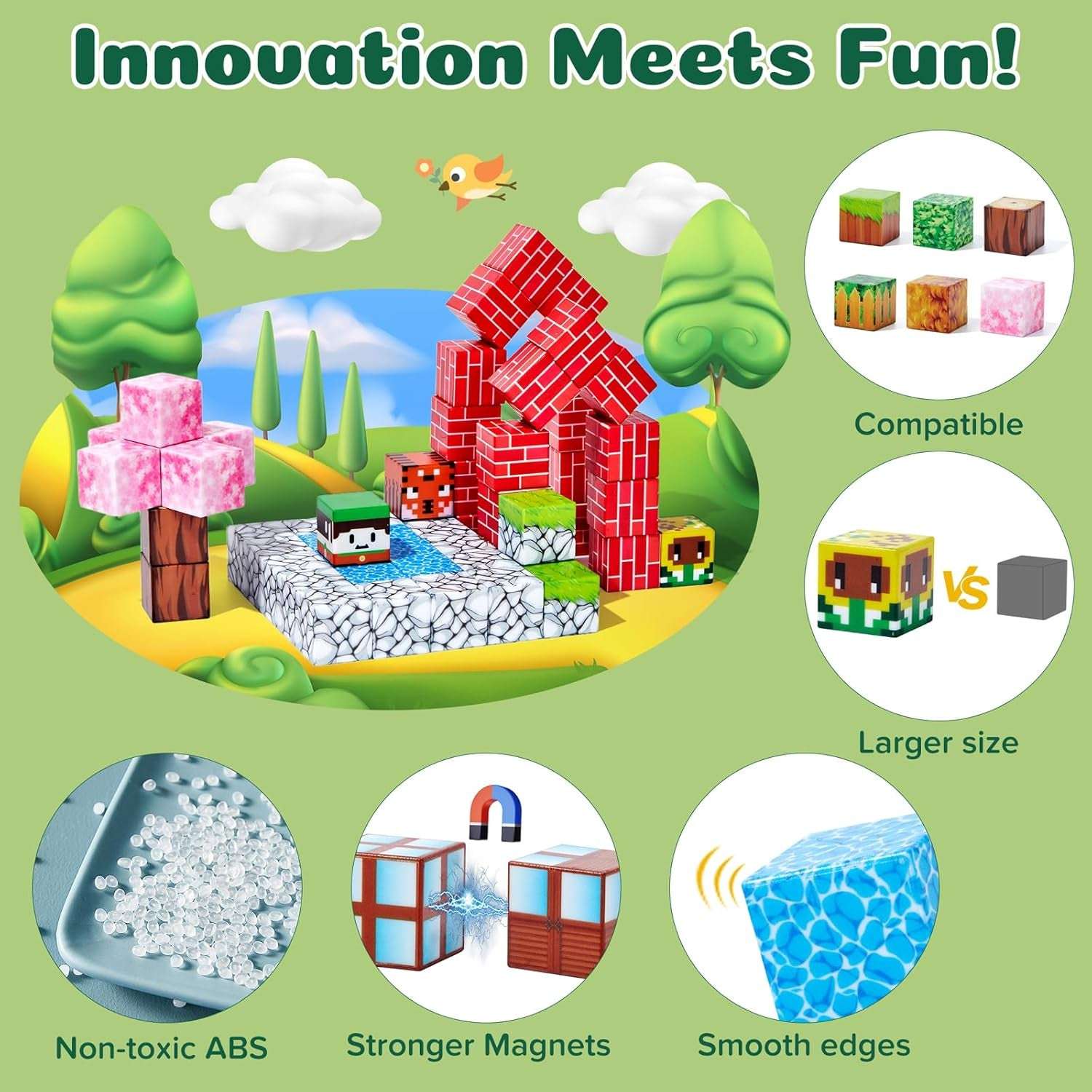 Magnetic Blocks, 100 PCS Magnetic Building Blocks, Forest Theme 1-Inch STEM Constructions Magnet Blocks for Boys Girls Ages 3+, Educational Sensory Stacking Toys for Kids Christmas Birthday Gifts