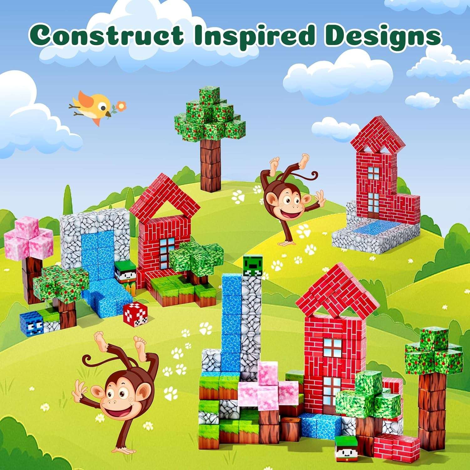 Magnetic Blocks, 100 PCS Magnetic Building Blocks, Forest Theme 1-Inch STEM Constructions Magnet Blocks for Boys Girls Ages 3+, Educational Sensory Stacking Toys for Kids Christmas Birthday Gifts