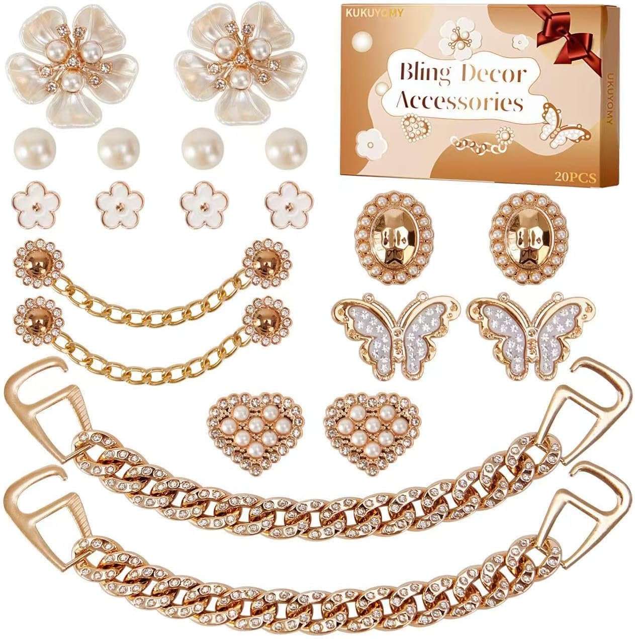 20 Pcs Bling Shoe Charms for Women Gold Chain Accessories Girly Cute Shoe Decoration Include Pearl Rhinestone Butterfly Flower for Party Favor