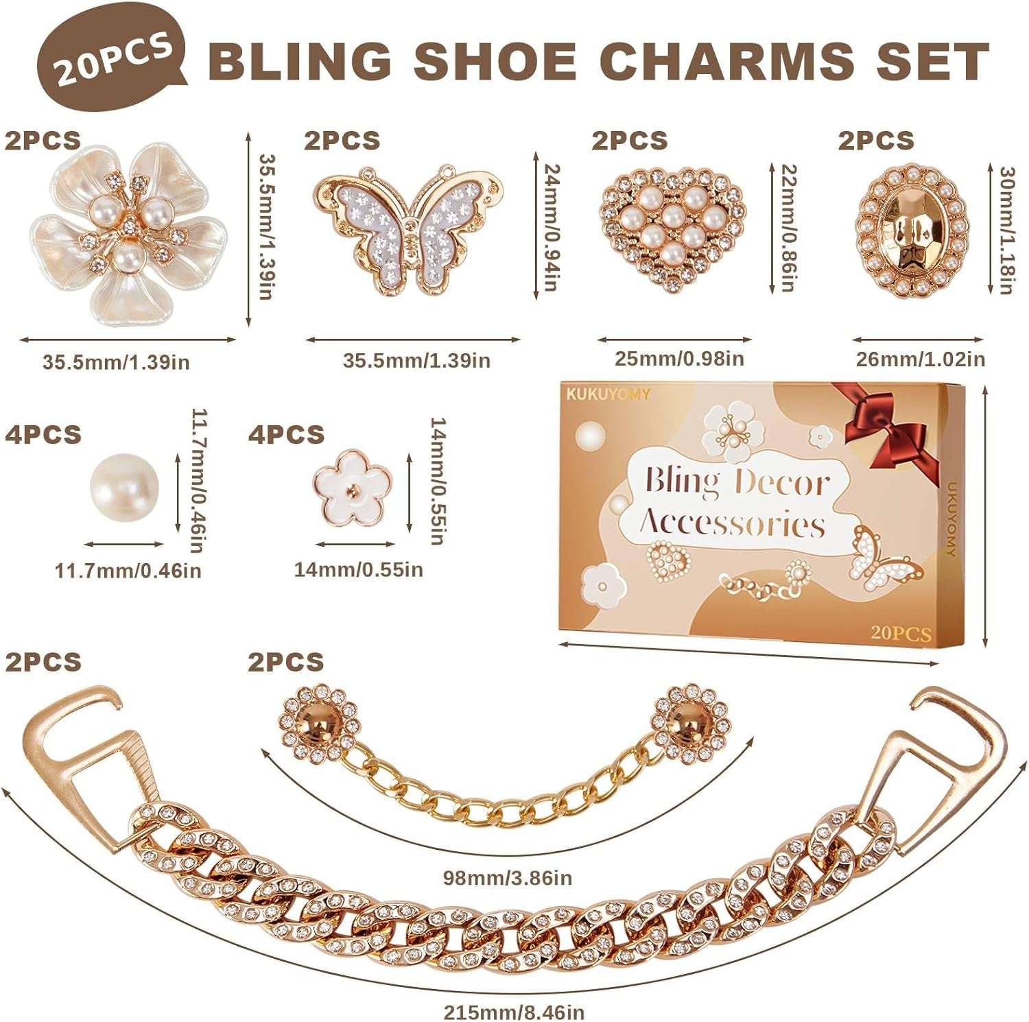 20 Pcs Bling Shoe Charms for Women Gold Chain Accessories Girly Cute Shoe Decoration Include Pearl Rhinestone Butterfly Flower for Party Favor