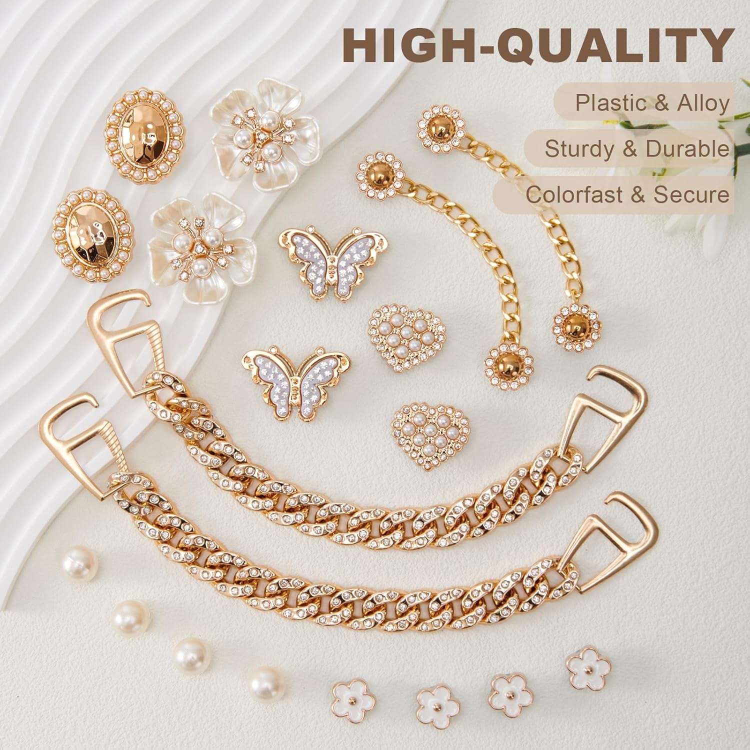 20 Pcs Bling Shoe Charms for Women Gold Chain Accessories Girly Cute Shoe Decoration Include Pearl Rhinestone Butterfly Flower for Party Favor