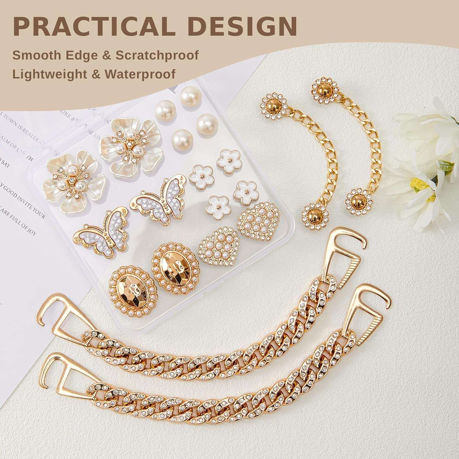 20 Pcs Bling Shoe Charms for Women Gold Chain Accessories Girly Cute Shoe Decoration Include Pearl Rhinestone Butterfly Flower for Party Favor