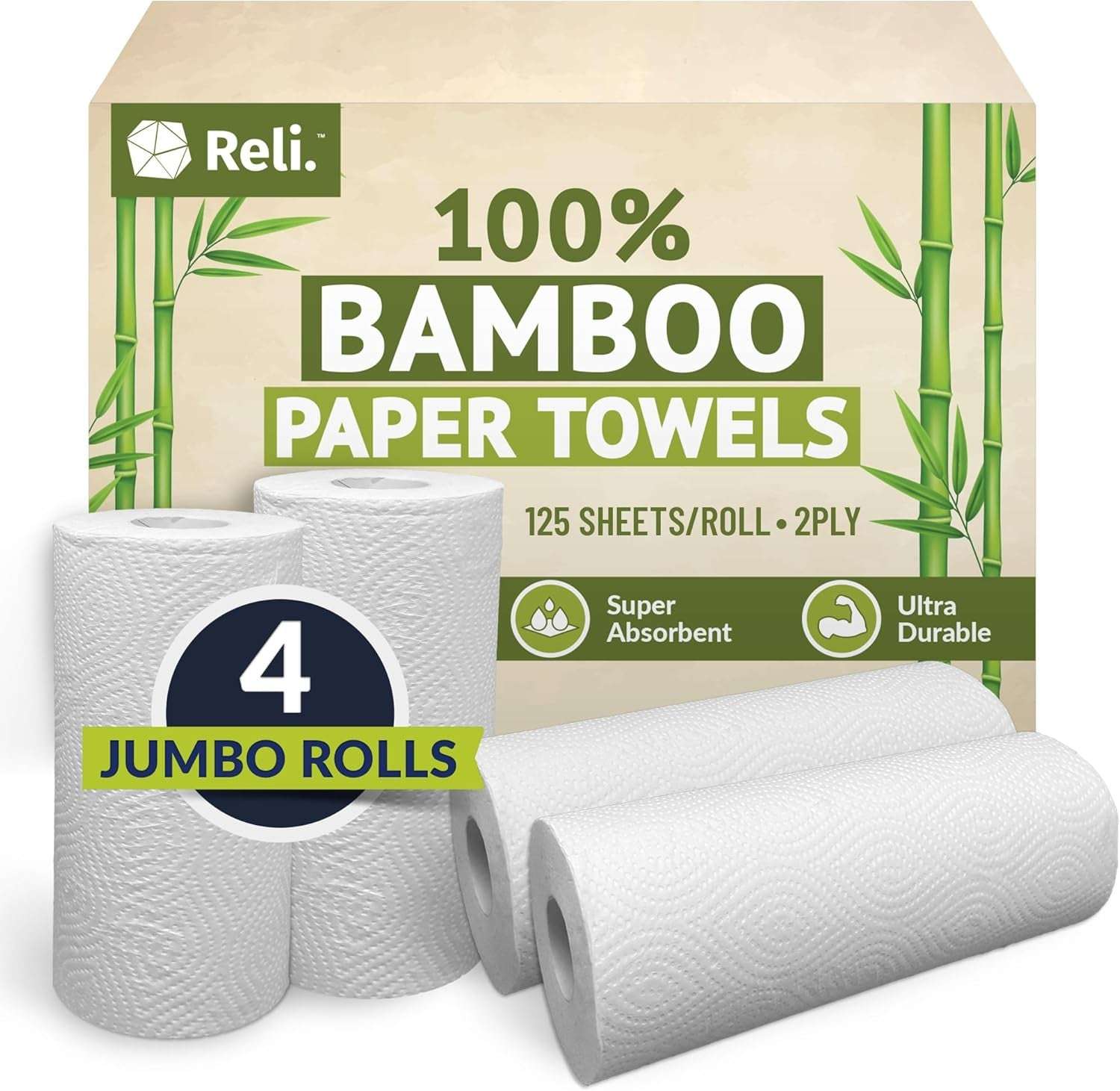 Bamboo Paper Towels (4 Pack, Jumbo) | Paper Towels Rolls 2 Ply | 125 Sheets/Roll, Full Size Sheets | Unbleached, Organic Rolls for Kitchen, Bathroom | 100% Bamboo