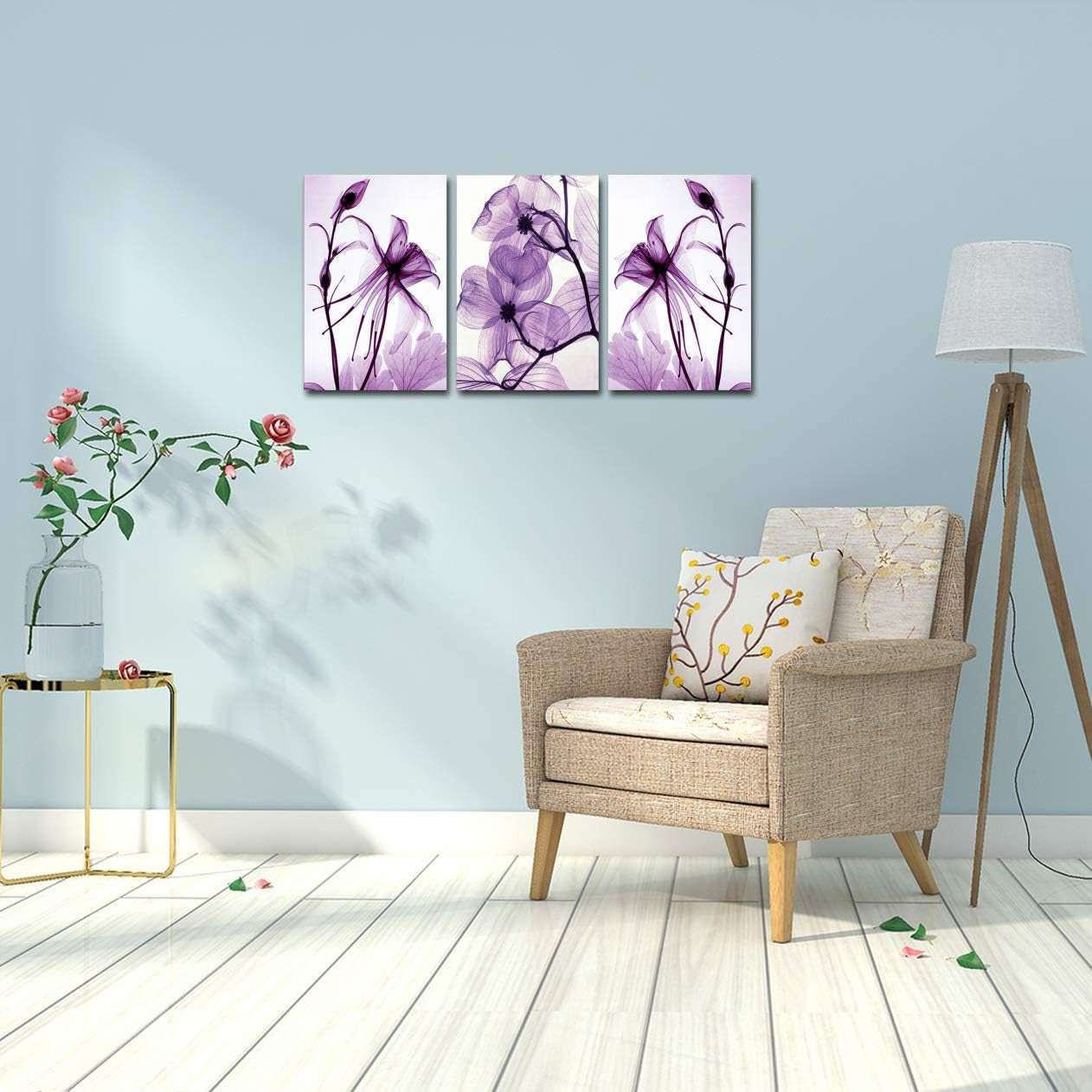 Modern Canvas Wall Art Home Decor Wall Art Painting Purple Flowers Art Wood inside Framed Ready to Hang (12Inchx16Inchx3)