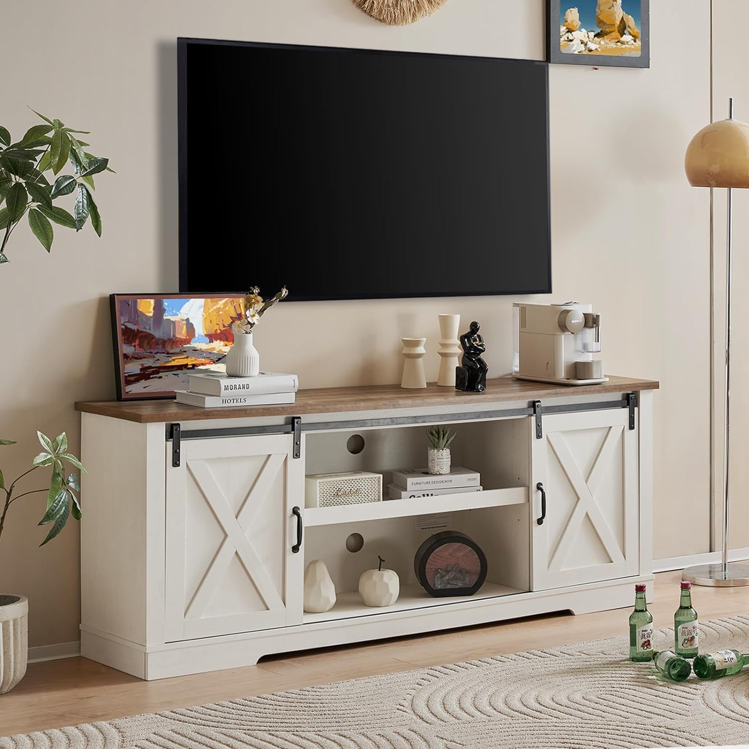 TV Stand, Entertainment Center with Sliding Barn Door and Adjustable Shelf & Feet-Toppalletfly
