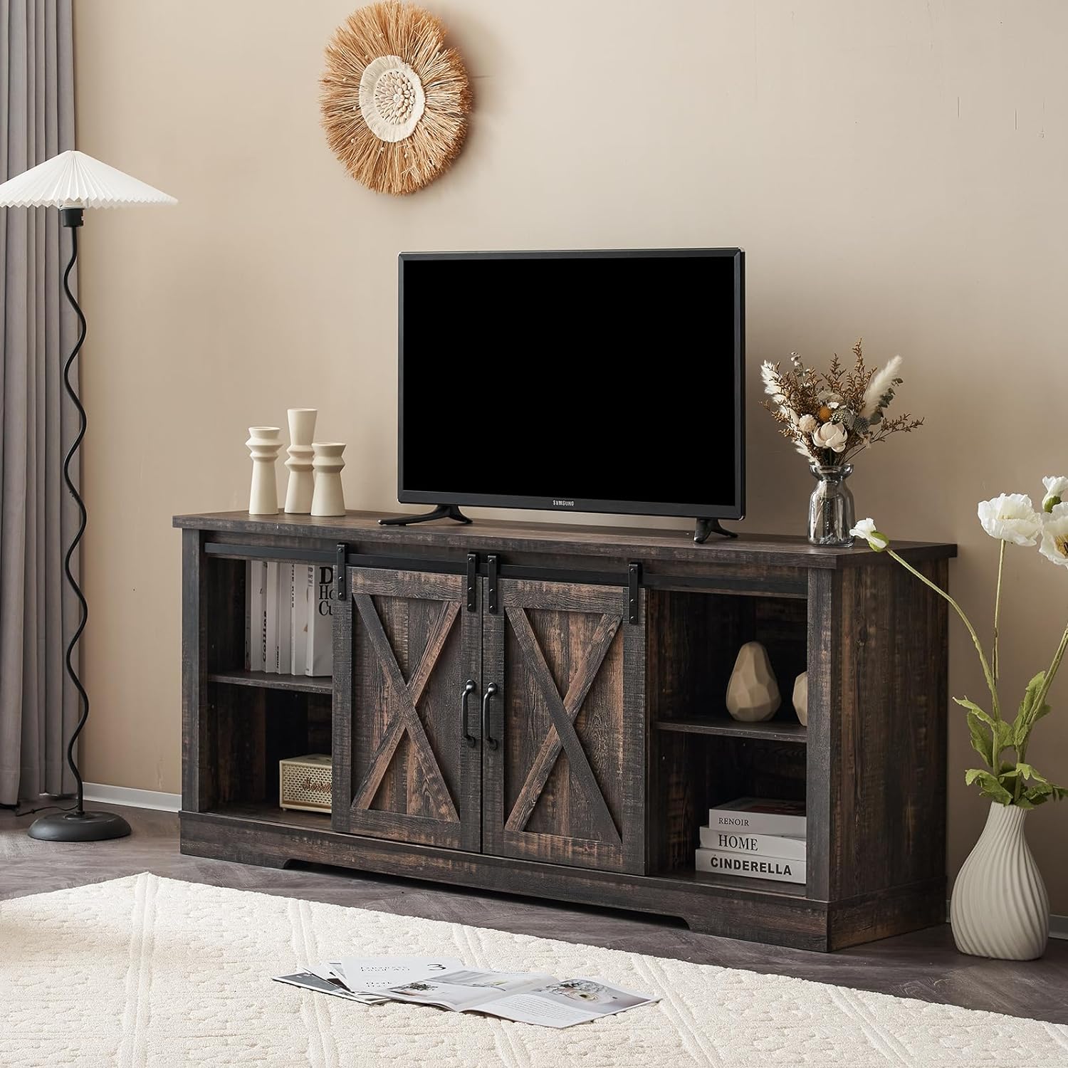 TV Stand, Entertainment Center with Sliding Barn Door and Adjustable Shelf & Feet-Toppalletfly
