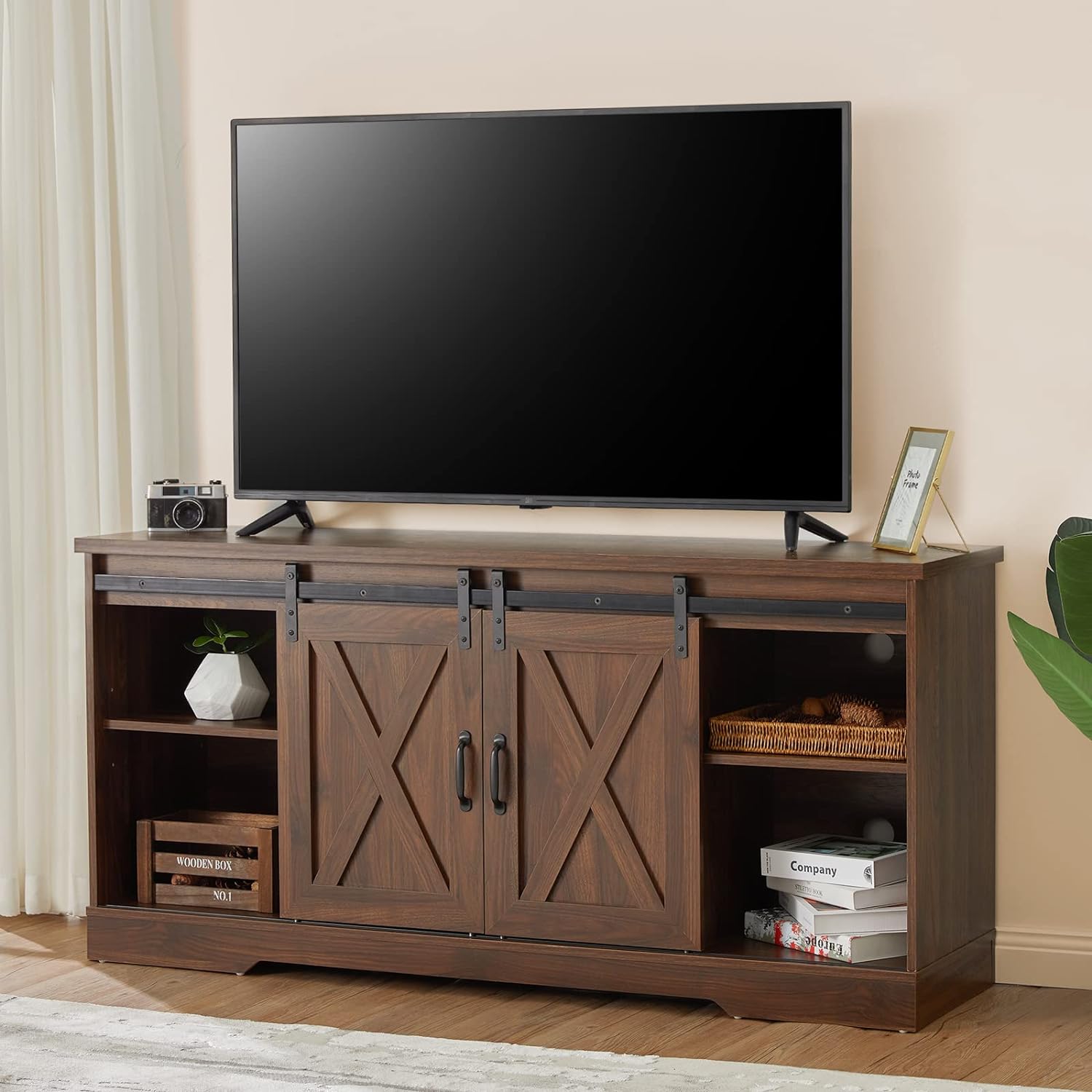 TV Stand, Entertainment Center with Sliding Barn Door and Adjustable Shelf & Feet-Toppalletfly