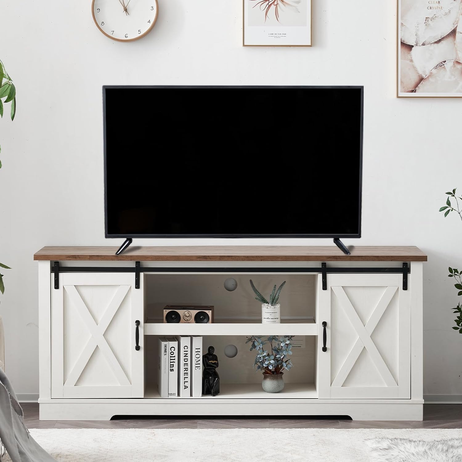 TV Stand, Entertainment Center with Sliding Barn Door and Adjustable Shelf & Feet-Toppalletfly