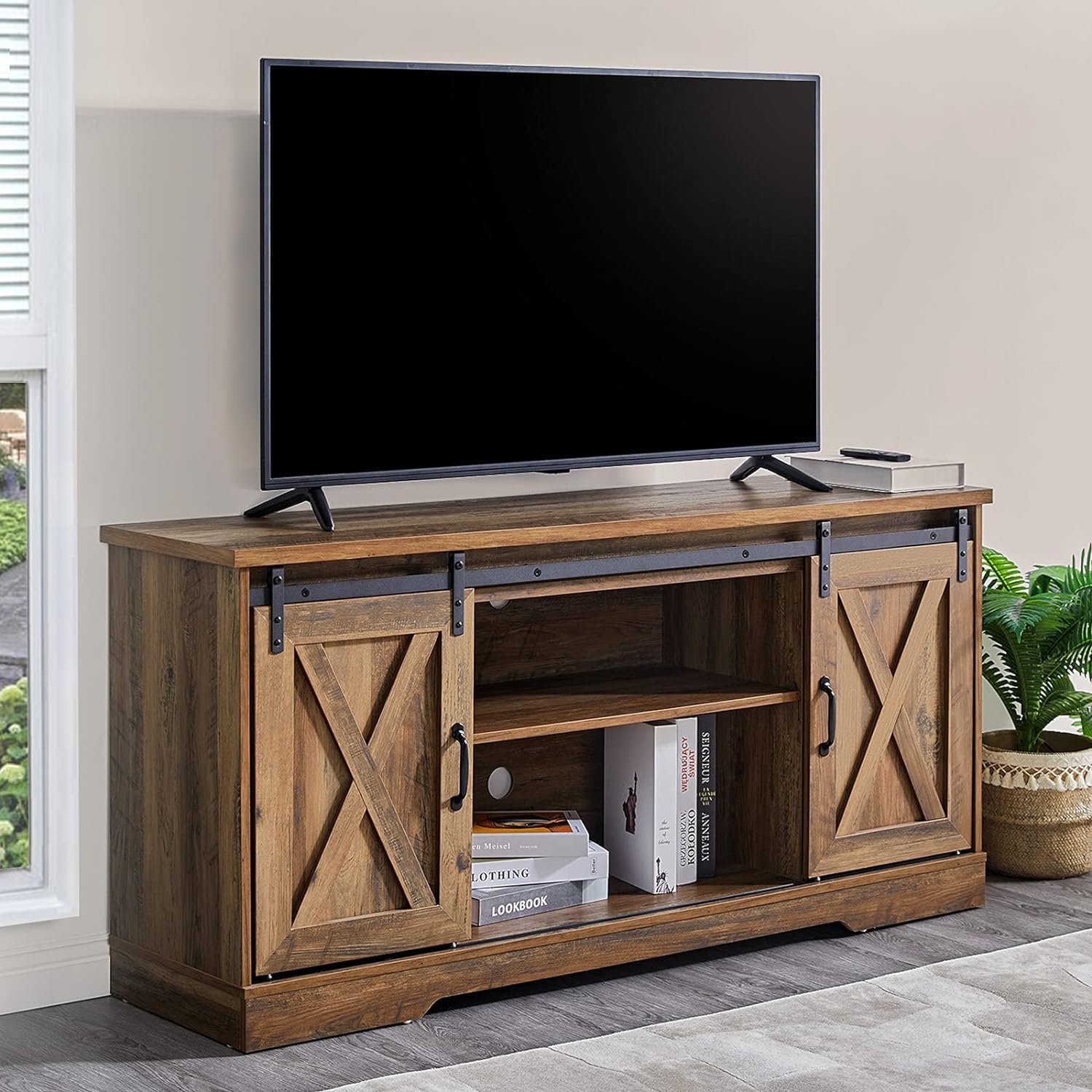 TV Stand, Entertainment Center with Sliding Barn Door and Adjustable Shelf & Feet-Toppalletfly