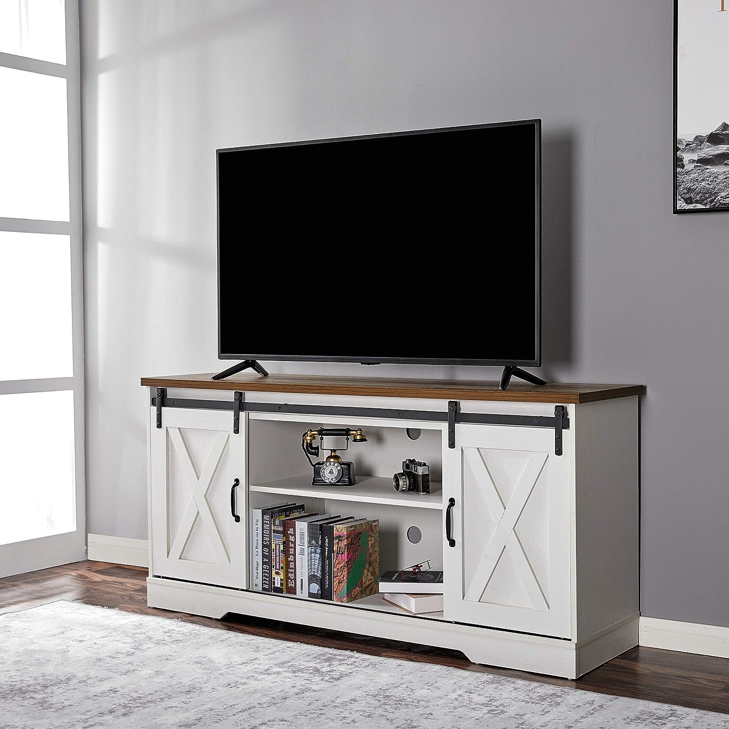 TV Stand, Entertainment Center with Sliding Barn Door and Adjustable Shelf & Feet-Toppalletfly