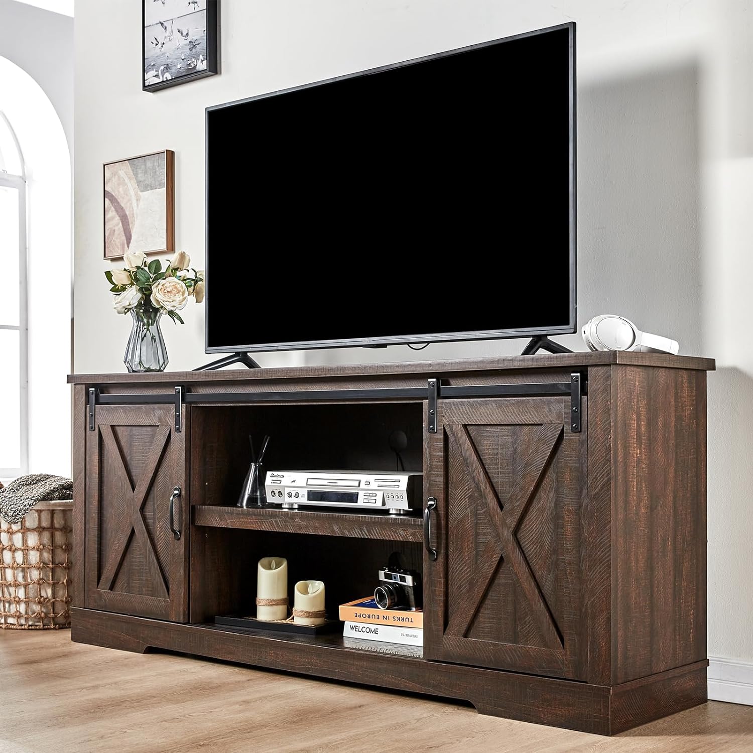 TV Stand, Entertainment Center with Sliding Barn Door and Adjustable Shelf & Feet-Toppalletfly