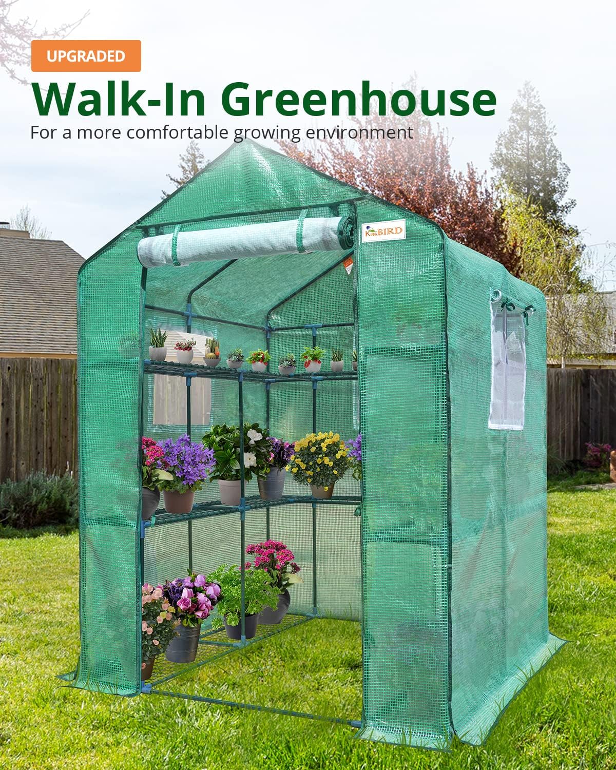 Walk-in Greenhouse for Outdoors, Thickened PE Cover & Heavy Duty Powder-Coated Steel, w/ Zippered Mesh Door & Screen Windows-Toppalletfly