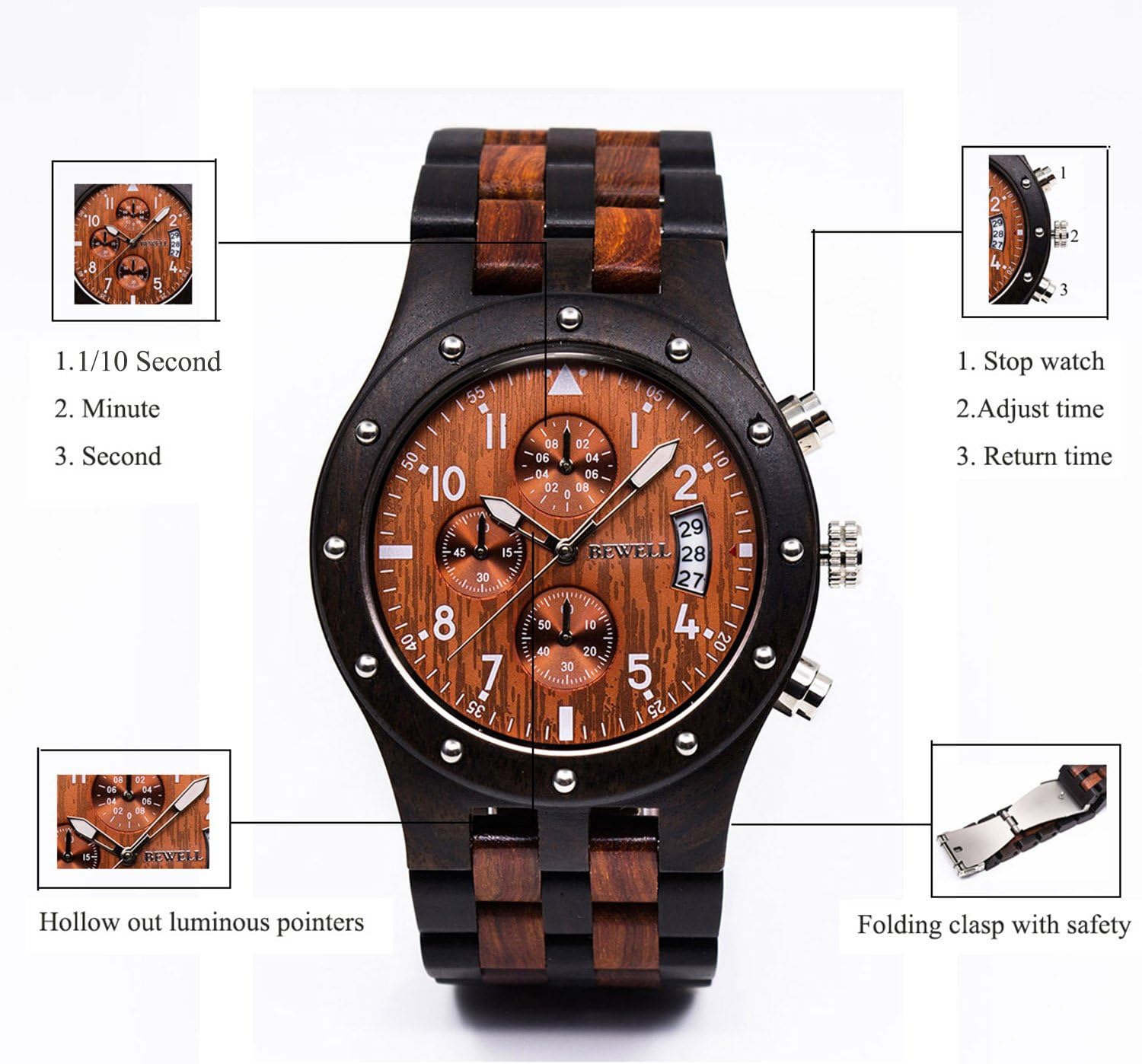 Wooden Watch Quartz Analog Movement Date Wristwatch for Men-Toppalletfly