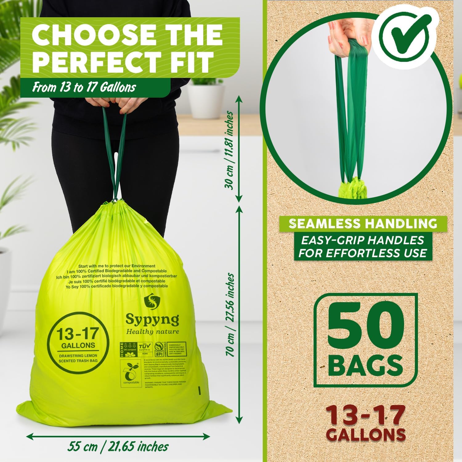 100% Biodegradable & Recyclable 13-17 Gallon Compost bags,Drawstring with Heavy Duty Garbage Bags 50 Counts-Toppalletfly