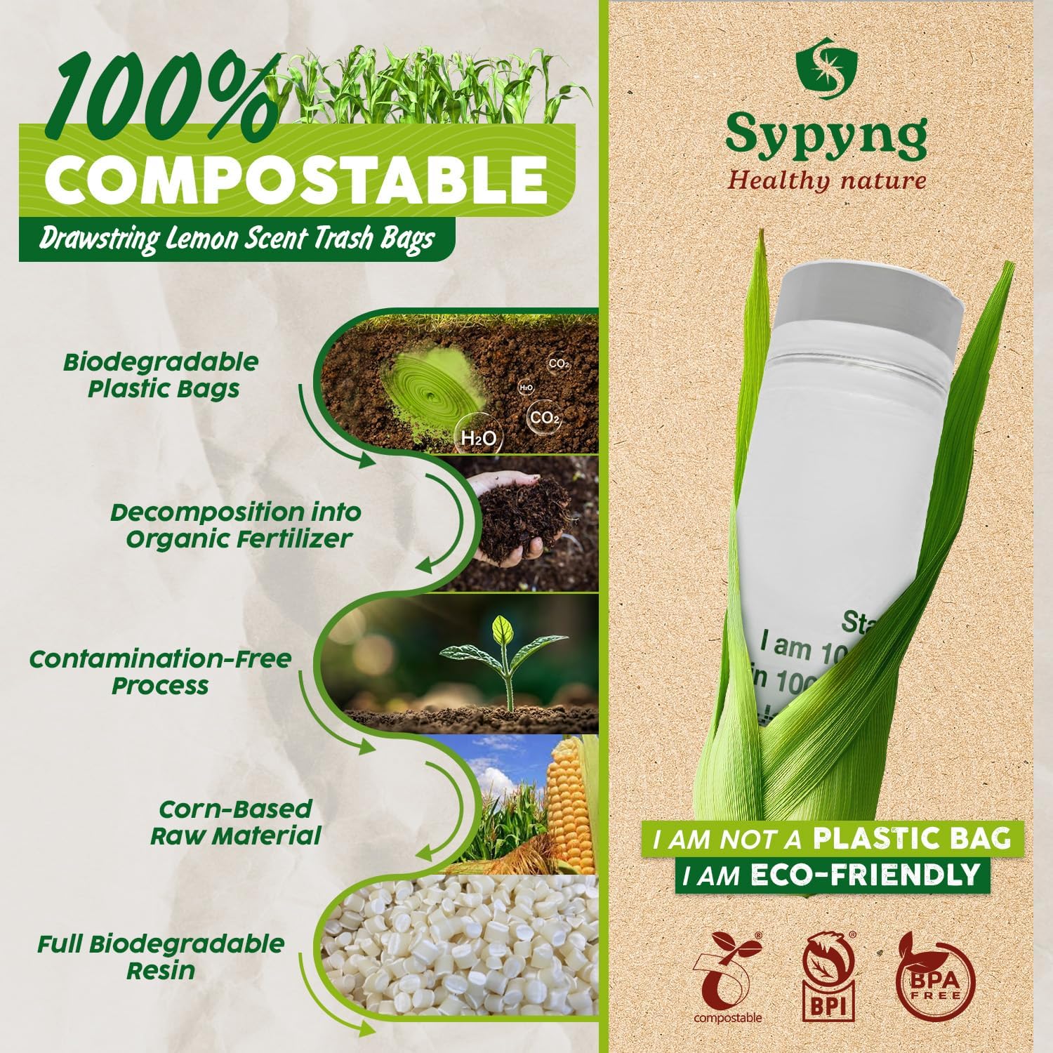 100% Biodegradable & Recyclable 13-17 Gallon Compost bags,Drawstring with Heavy Duty Garbage Bags 50 Counts-Toppalletfly