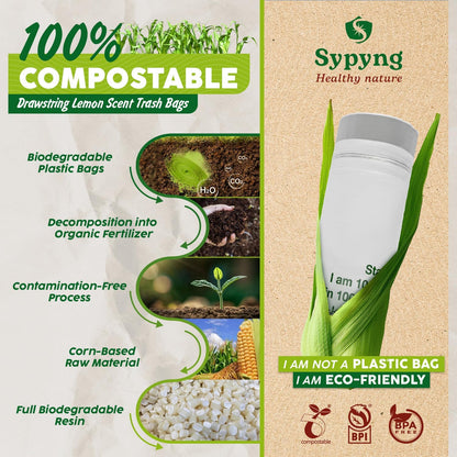 100% Biodegradable & Recyclable 13-17 Gallon Compost bags,Drawstring with Heavy Duty Garbage Bags 50 Counts-Toppalletfly