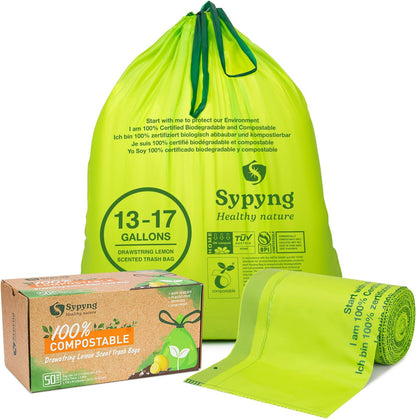 100% Biodegradable & Recyclable 13-17 Gallon Compost bags,Drawstring with Heavy Duty Garbage Bags 50 Counts-Toppalletfly