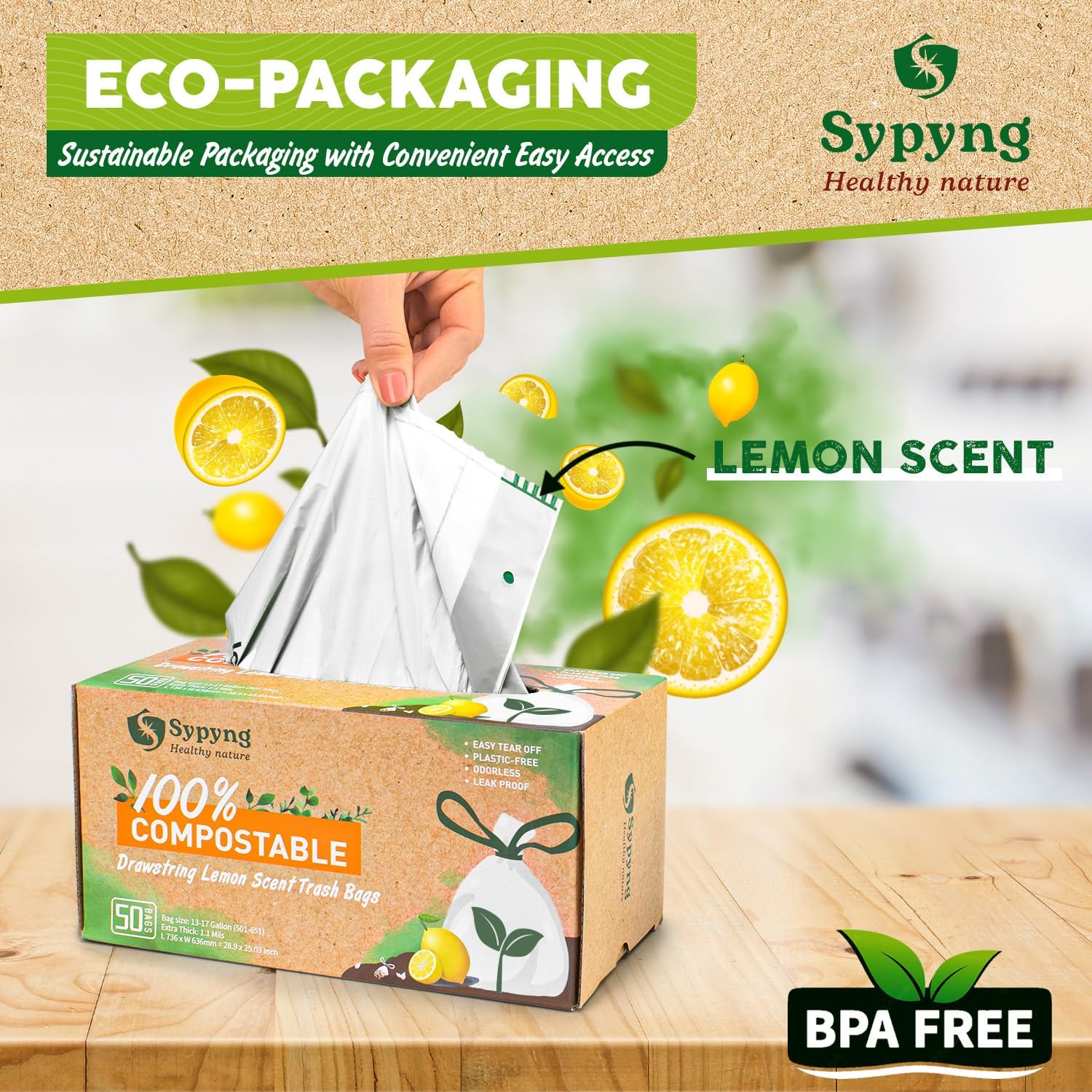 100% Biodegradable & Recyclable 13-17 Gallon Compost bags,Drawstring with Heavy Duty Garbage Bags 50 Counts-Toppalletfly