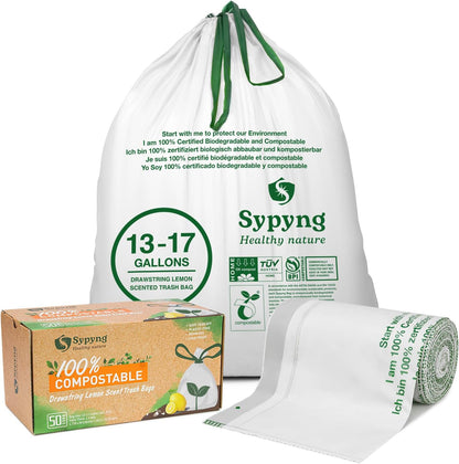 100% Biodegradable & Recyclable 13-17 Gallon Compost bags,Drawstring with Heavy Duty Garbage Bags 50 Counts-Toppalletfly