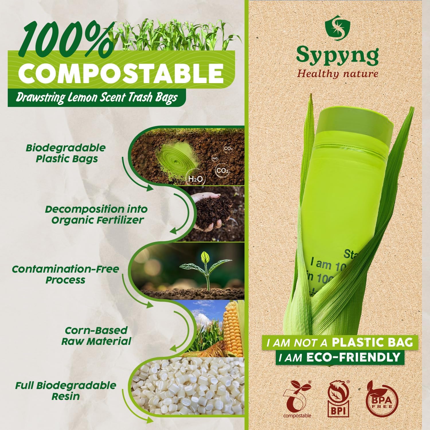 100% Biodegradable & Recyclable 13-17 Gallon Compost bags,Drawstring with Heavy Duty Garbage Bags 50 Counts-Toppalletfly