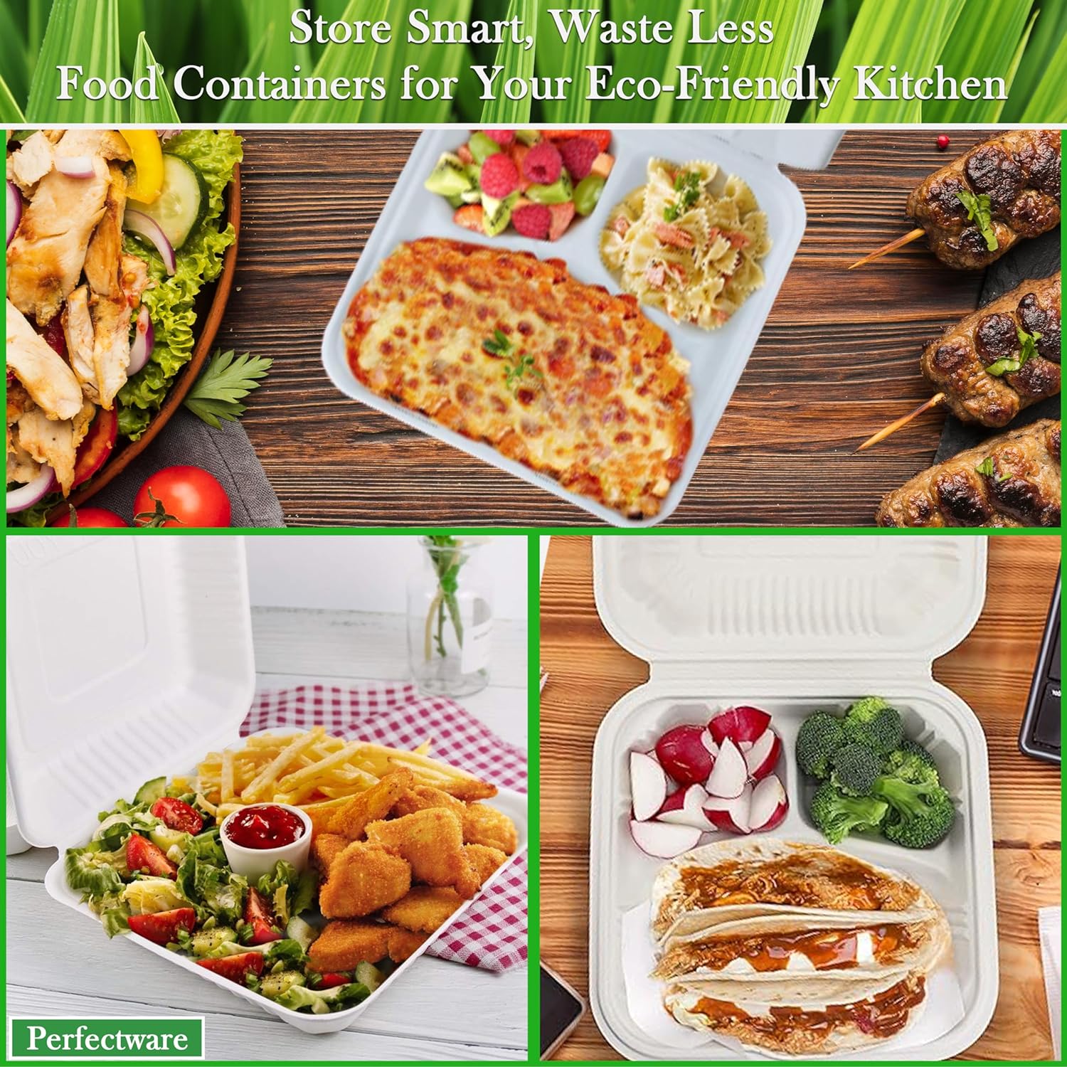 100% Compostable 3 Comp Take Out Food Containers 9x9x3, Natural Disposable Bagasse, Eco-Friendly Biodegradable Made of Sugar Cane-Toppalletfly