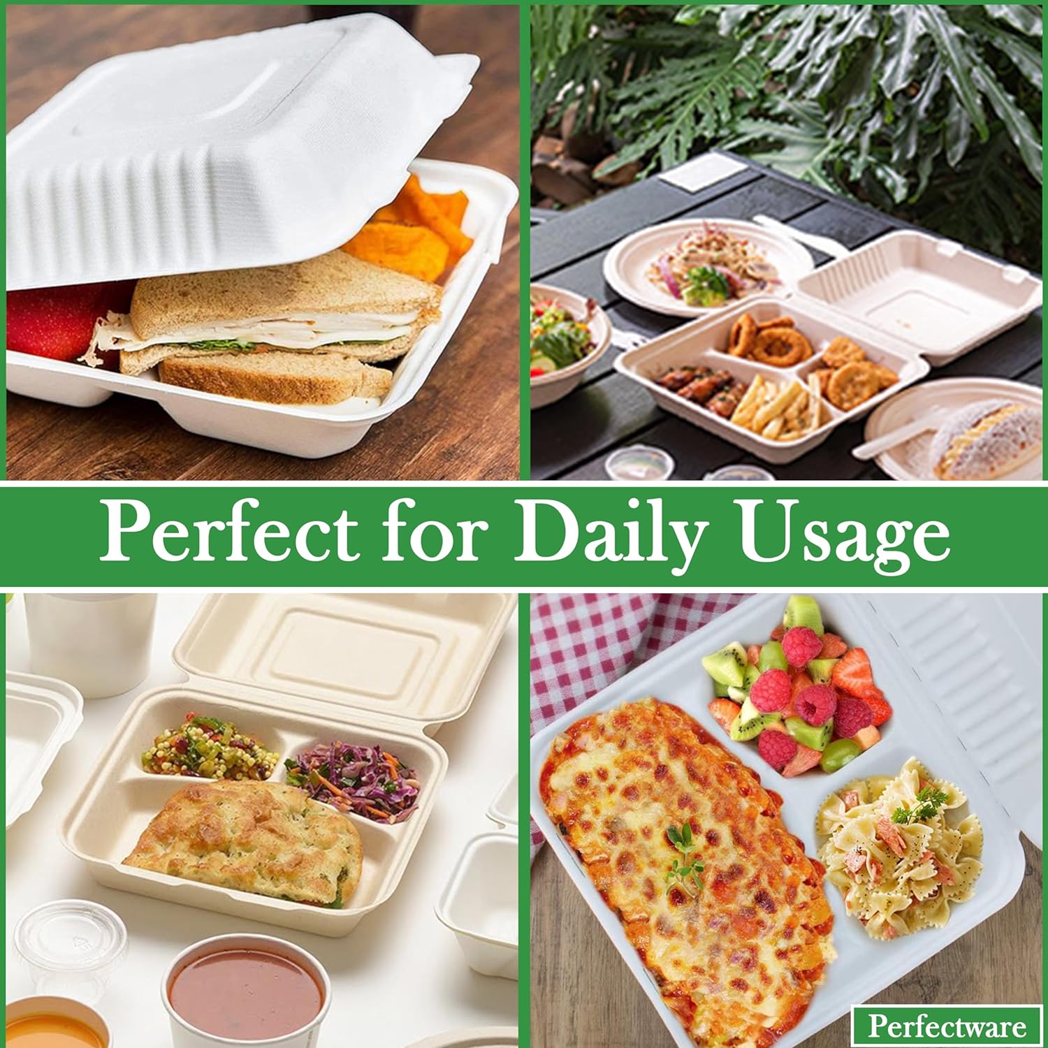 100% Compostable 3 Comp Take Out Food Containers 9x9x3, Natural Disposable Bagasse, Eco-Friendly Biodegradable Made of Sugar Cane-Toppalletfly