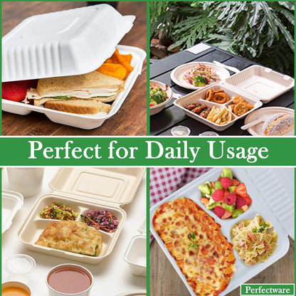 100% Compostable 3 Comp Take Out Food Containers 9x9x3, Natural Disposable Bagasse, Eco-Friendly Biodegradable Made of Sugar Cane-Toppalletfly