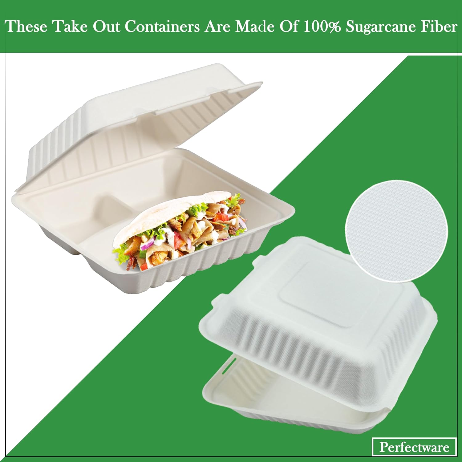 100% Compostable 3 Comp Take Out Food Containers 9x9x3, Natural Disposable Bagasse, Eco-Friendly Biodegradable Made of Sugar Cane-Toppalletfly