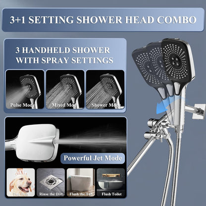 12 Inch Shower Head With With 3+1 Settings Handheld Spray, Including 3-Way Diverter, Extension Arm, Height/Angle Adjustable-Toppalletfly