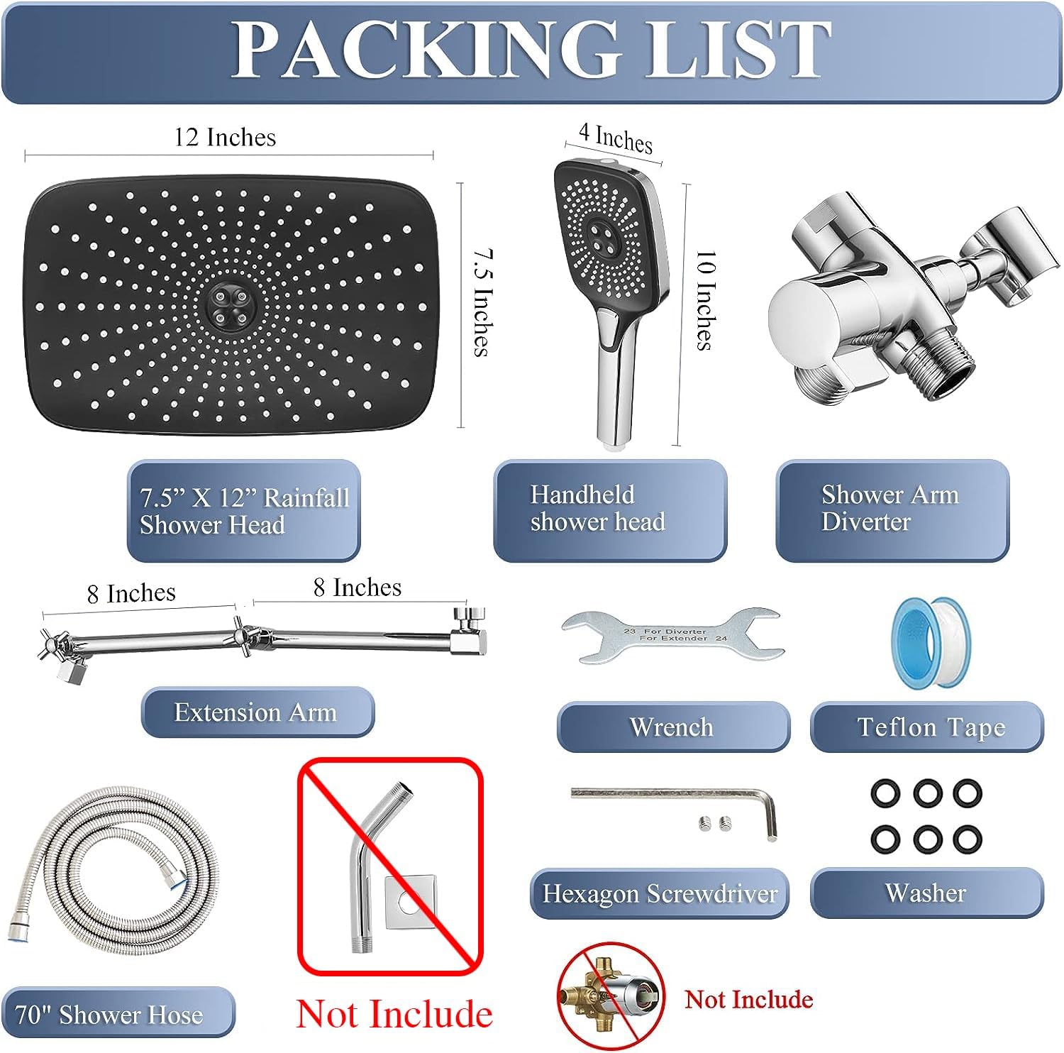 12 Inch Shower Head With With 3+1 Settings Handheld Spray, Including 3-Way Diverter, Extension Arm, Height/Angle Adjustable-Toppalletfly