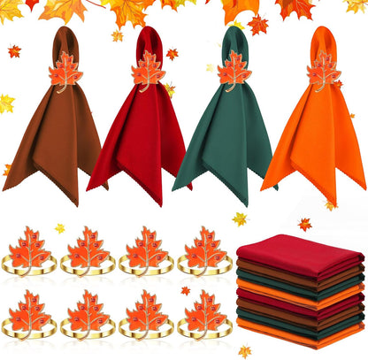 16-Piece Fall Napkin Ring & Napkin Set – 8 Napkin Rings & 8 Washable Napkins for Thanksgiving & Autumn Decor-Toppalletfly