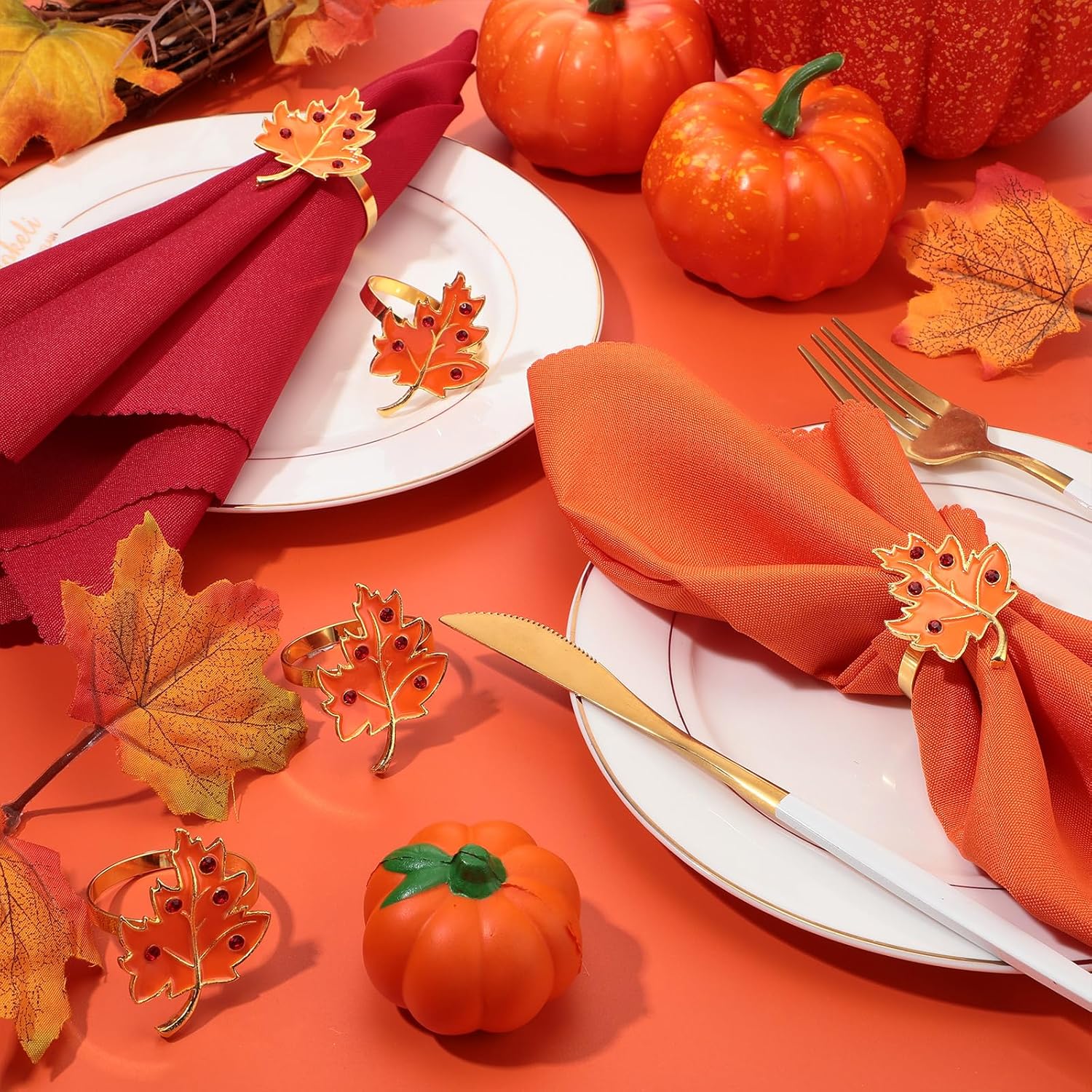 16-Piece Fall Napkin Ring & Napkin Set – 8 Napkin Rings & 8 Washable Napkins for Thanksgiving & Autumn Decor-Toppalletfly