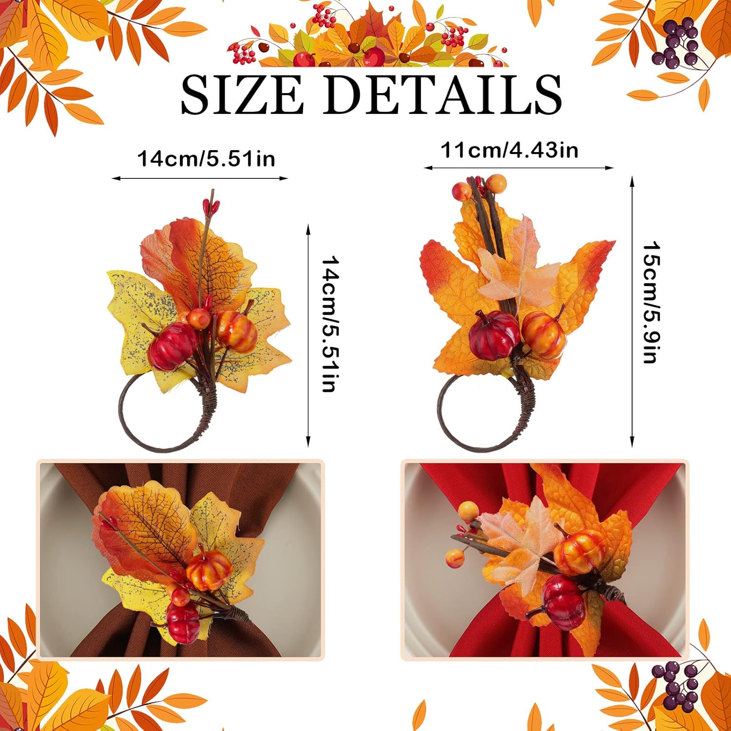 16-Piece Fall Napkin Ring & Napkin Set – 8 Napkin Rings & 8 Washable Napkins for Thanksgiving & Autumn Decor-Toppalletfly
