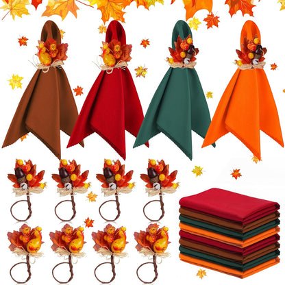 16-Piece Fall Napkin Ring & Napkin Set – 8 Napkin Rings & 8 Washable Napkins for Thanksgiving & Autumn Decor-Toppalletfly