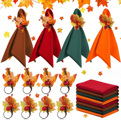 16-Piece Fall Napkin Ring & Napkin Set – 8 Napkin Rings & 8 Washable Napkins for Thanksgiving & Autumn Decor-Toppalletfly
