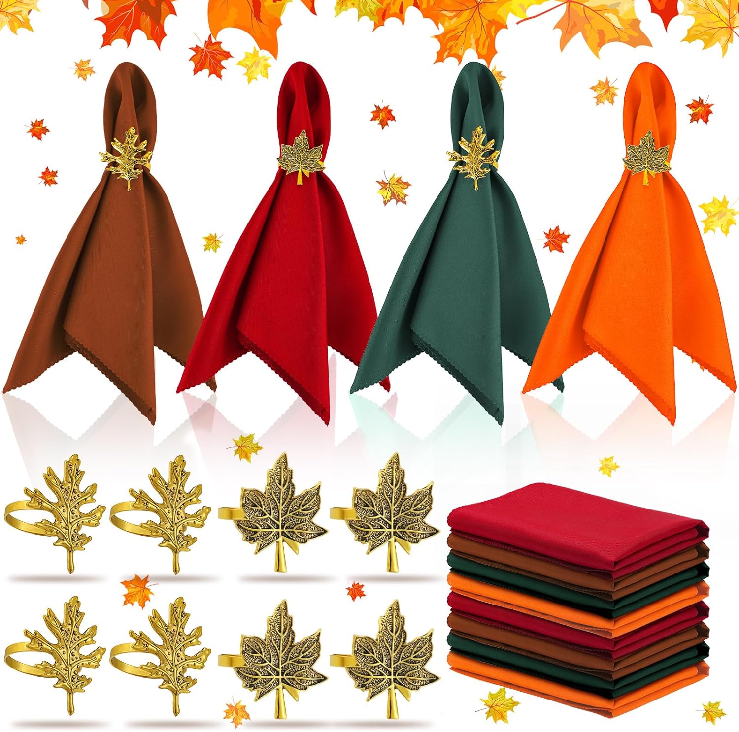 16-Piece Fall Napkin Ring & Napkin Set – 8 Napkin Rings & 8 Washable Napkins for Thanksgiving & Autumn Decor-Toppalletfly