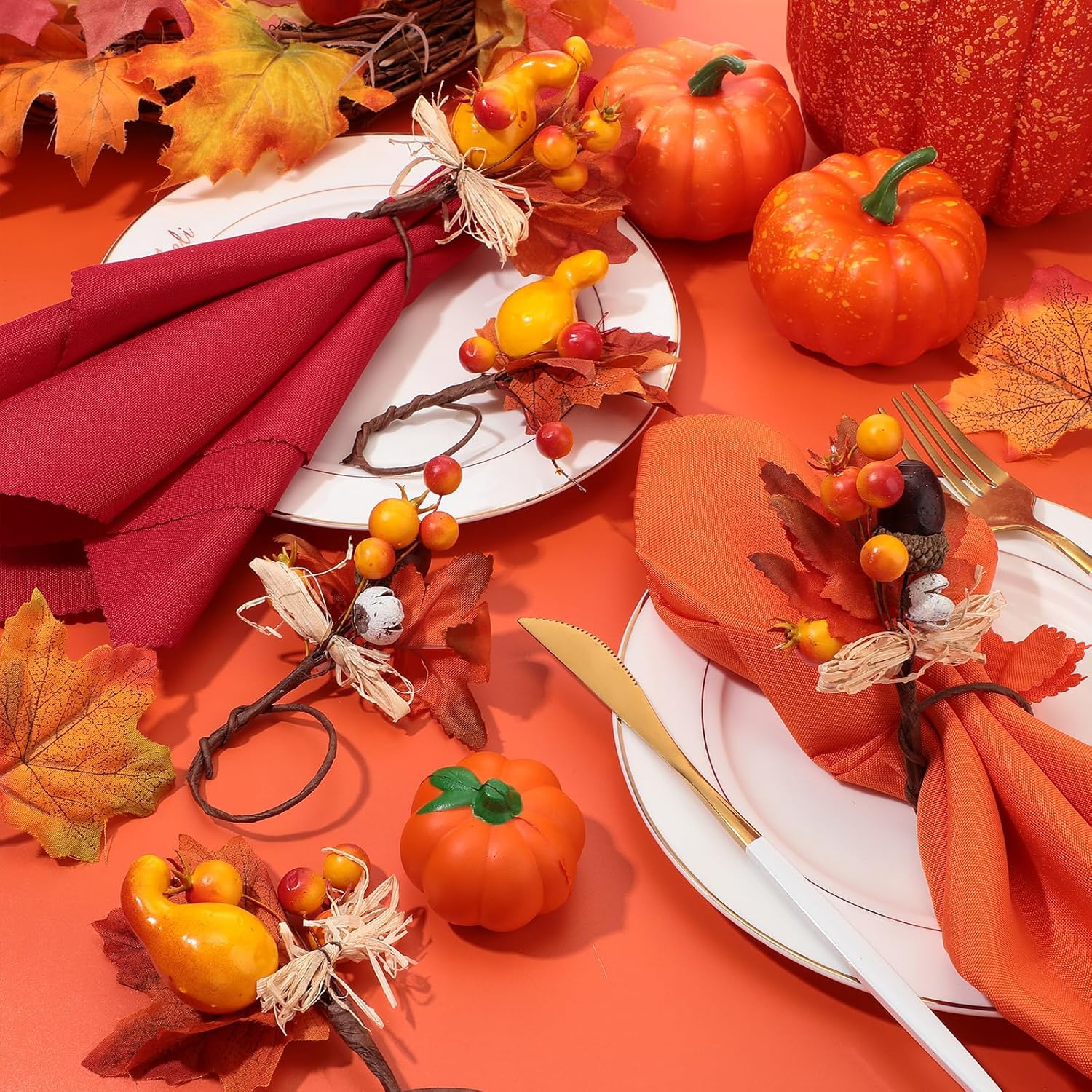 16-Piece Fall Napkin Ring & Napkin Set – 8 Napkin Rings & 8 Washable Napkins for Thanksgiving & Autumn Decor-Toppalletfly