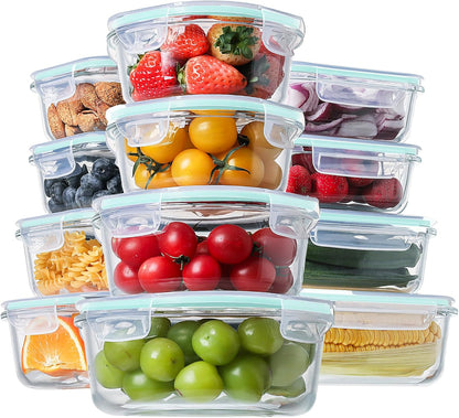 24 Piece Glass Food Storage Containers with Lids, Airtight Glass Lunch Bento Boxes, BPA Free & Leak Proof,12 lids, 12 Containers-Toppalletfly