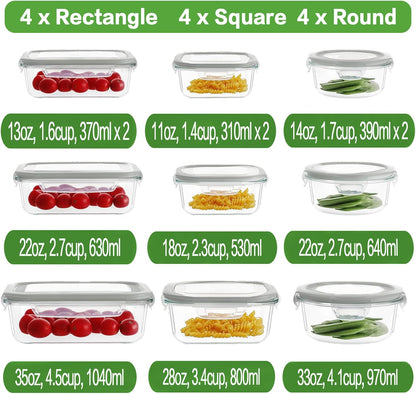 24 Piece Glass Food Storage Containers with Lids, Airtight Glass Lunch Bento Boxes, BPA Free & Leak Proof,12 lids, 12 Containers-Toppalletfly