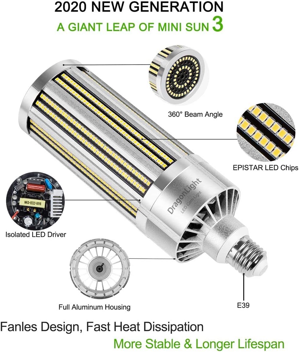 240 W Commercial Grade Corn LED Light Bulb Fanless, 1000 Watt MH/HPS Replacement, E39 Large Mogul Base LED Lamp 5000K Daylight 32,400Lumen - Toppalletfly